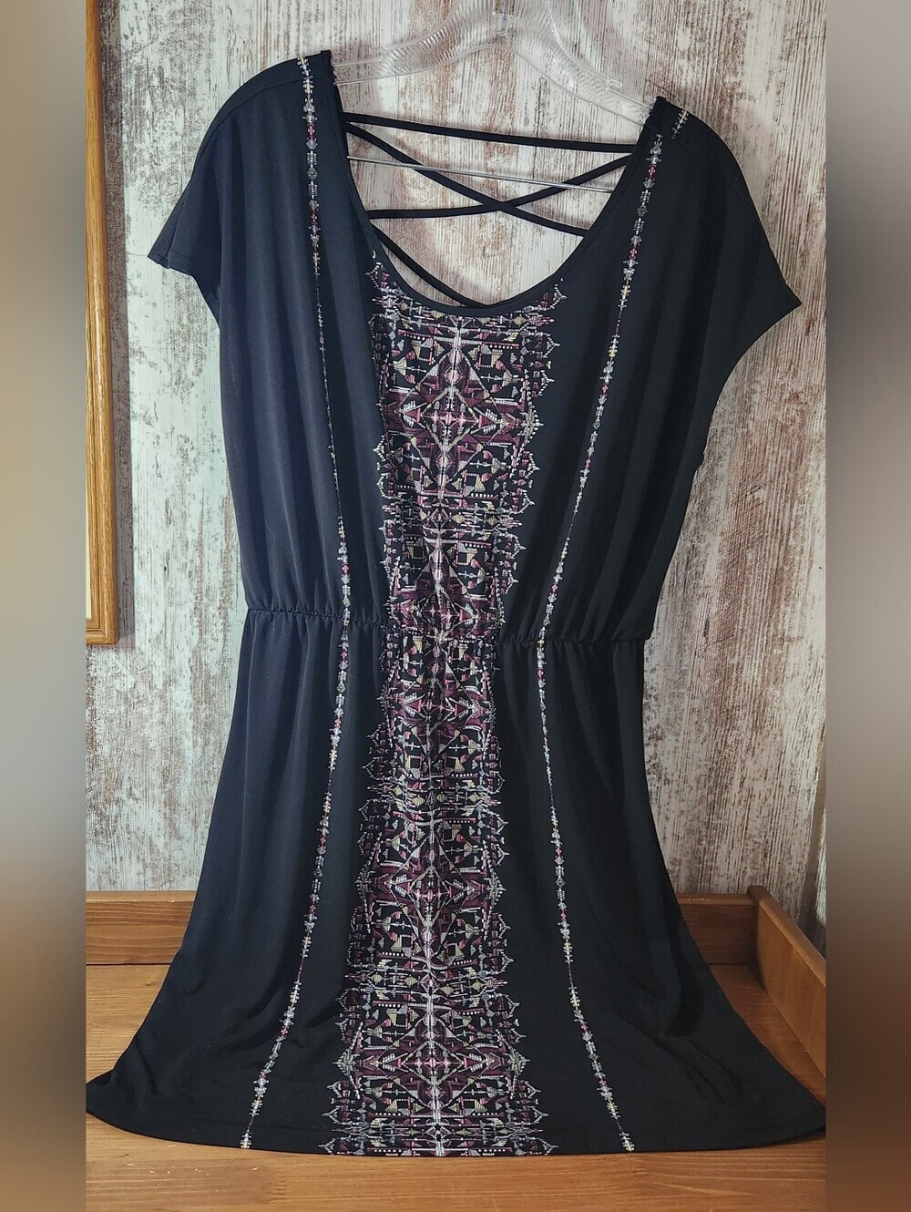 Maurices Black Midi Dress with Purple & Cream Panel Criss Cross Back Cap Sleeves